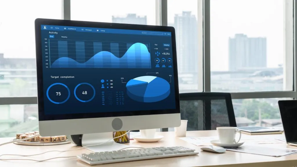 Analytics dashboard on monitor in modern office